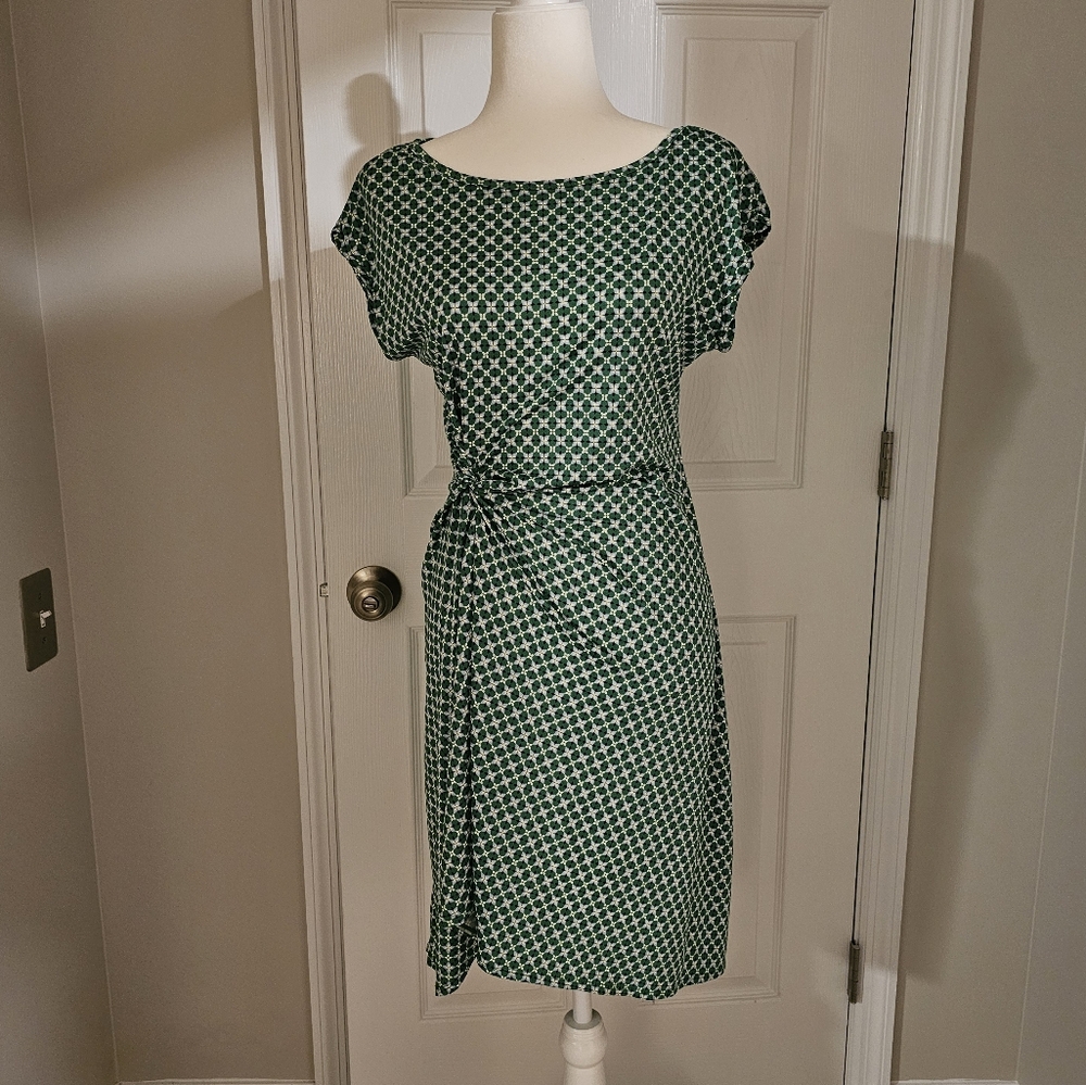 Max Studio‎ Green & White Tie Faux Wrap Shift Sheath Dress S